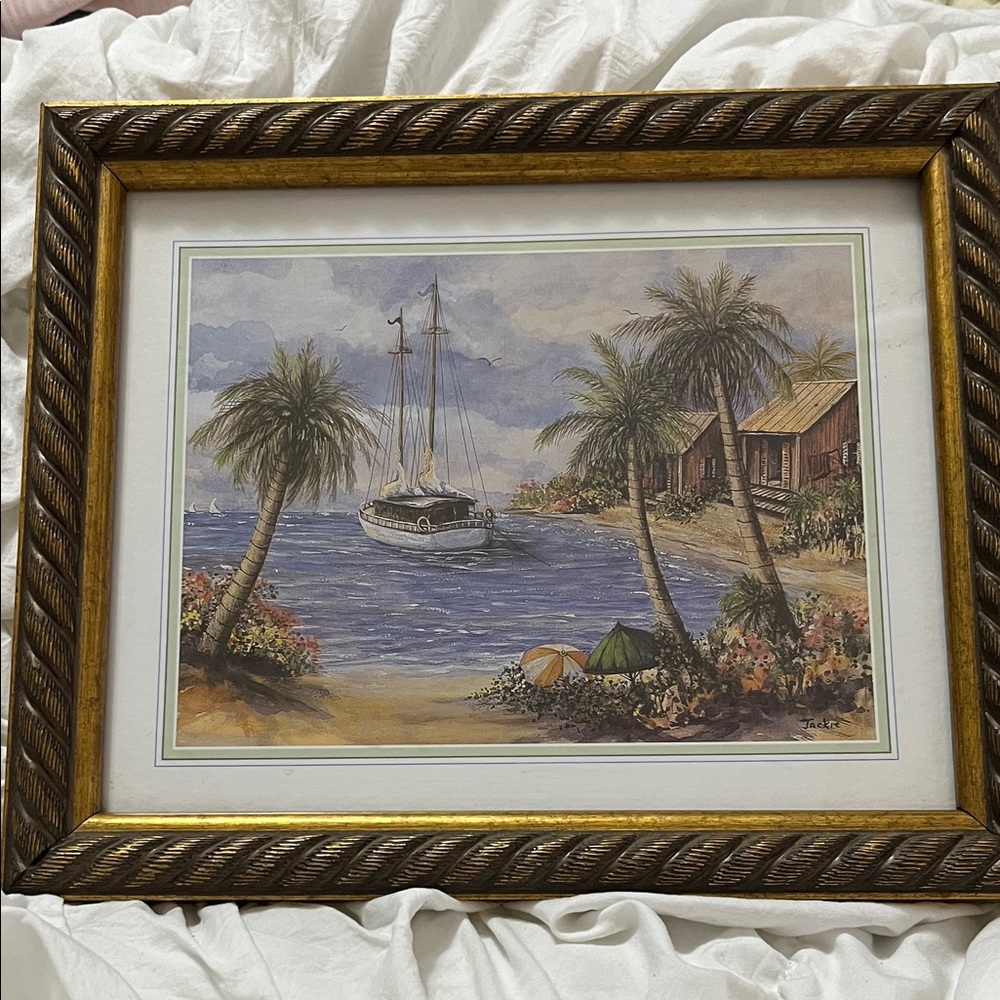Jackie Coastal Sailboat Print in Gold Rope Frame - Tropical Beach Scene
